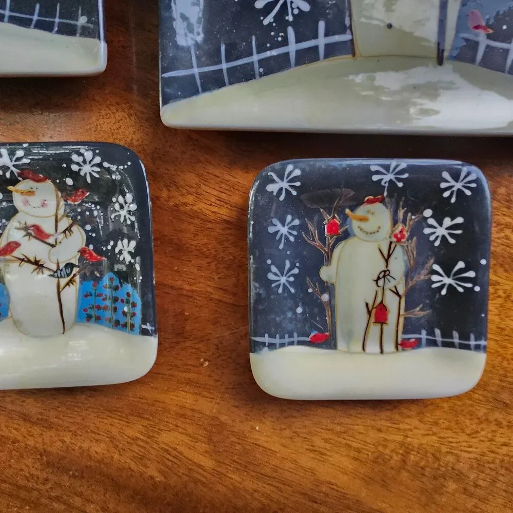 Twilight Snowman Mary Beth Baxter Holiday 4 Plates  2 Dinner & 2 Appetizers